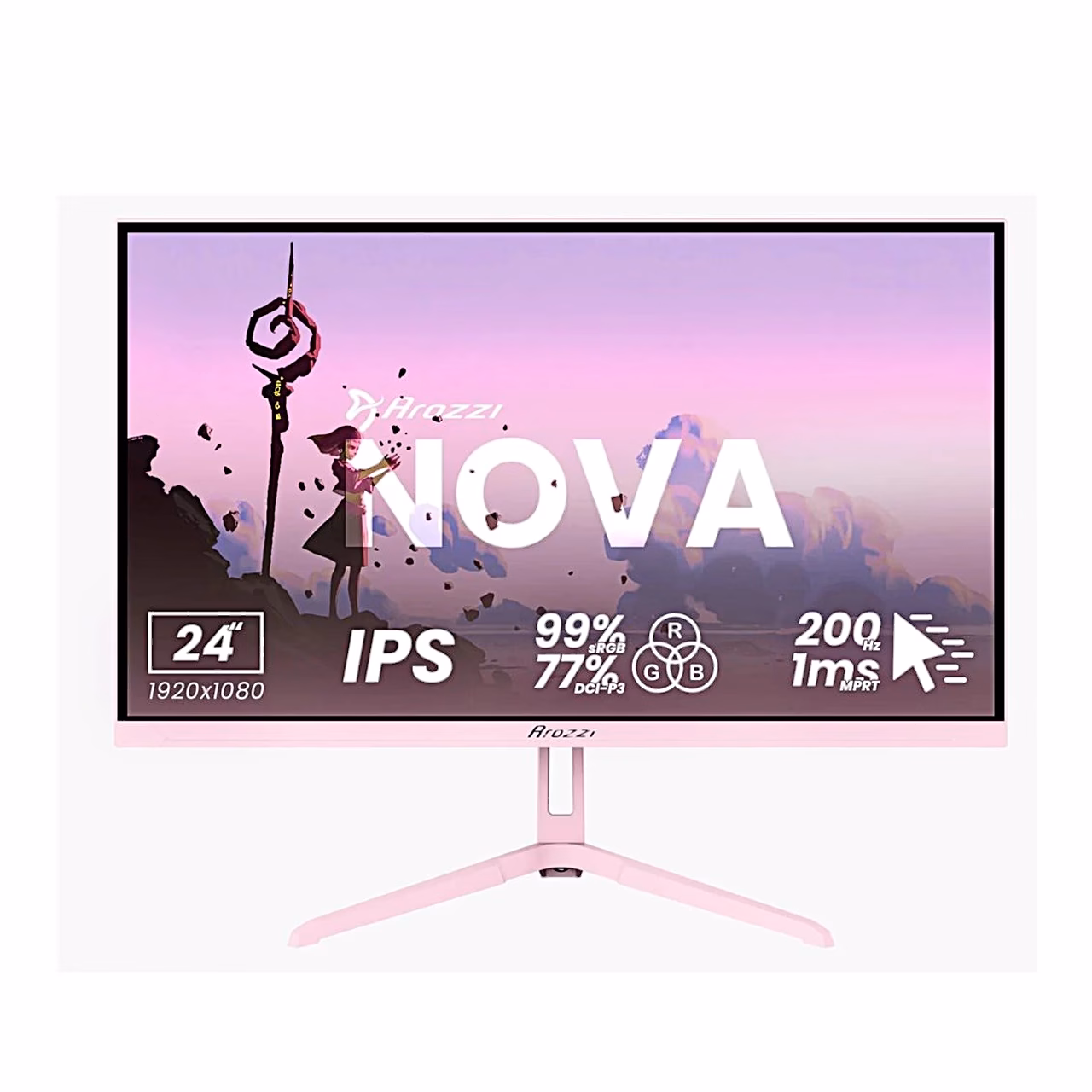 Arozzi Nova roosa monitor otse eest, ekraanil mudeli andmed