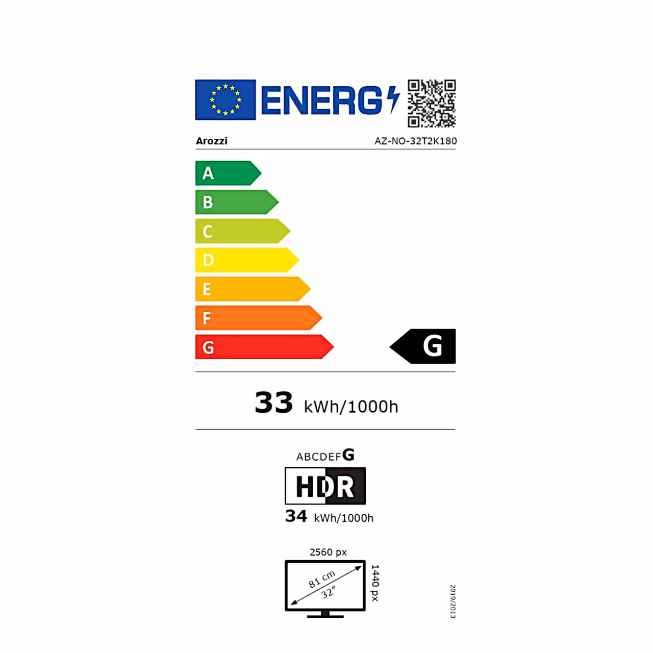 Arozzi AZ-NO-32T2K180 ELi energiamärgis, SDR-klass G skaalal A–G