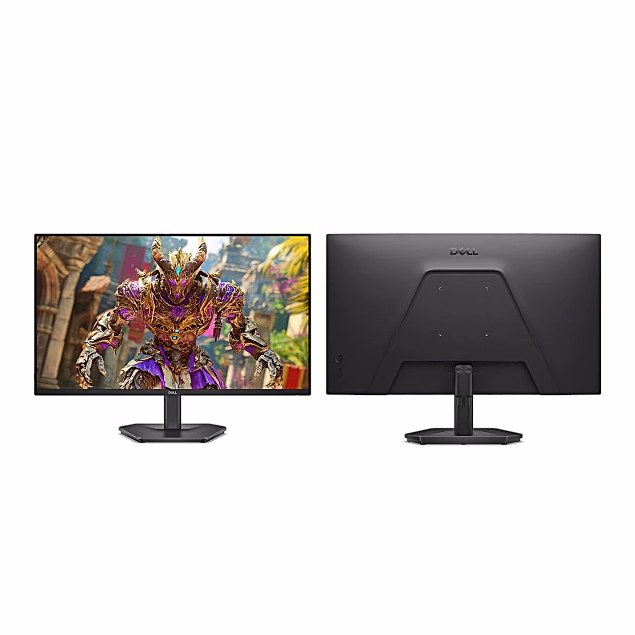 Dell SE2726HG monitor kõrvuti eest- ja tagantvaates