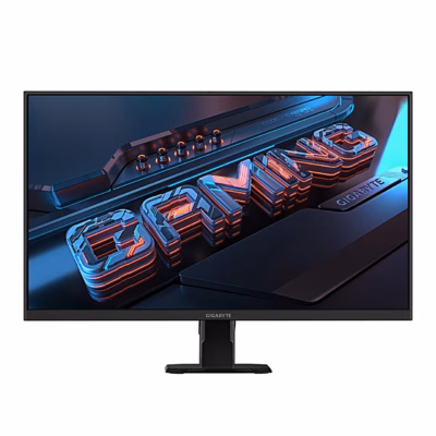 Mängurimonitor Gigabyte GS27FA EK eestvaates, ekraanil GAMING kiri