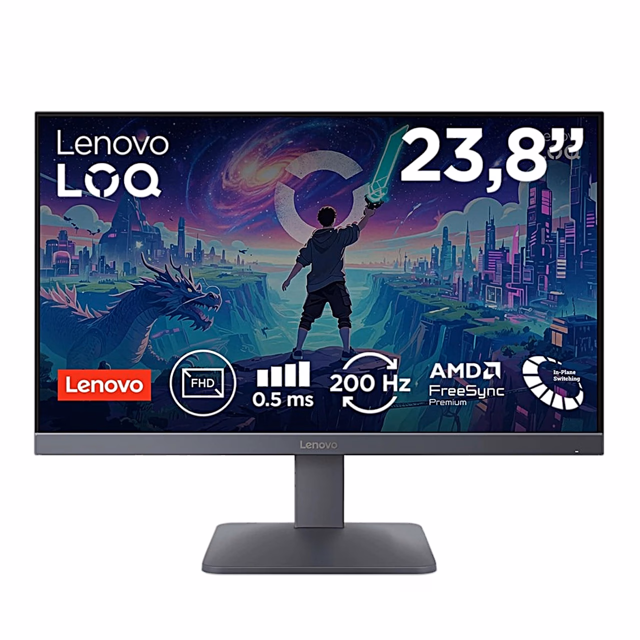 Lenovo LOQ 24-10 mängurimonitor eestvaates, ekraanil 23,8-tollise diagonaali ja 200 Hz tähised