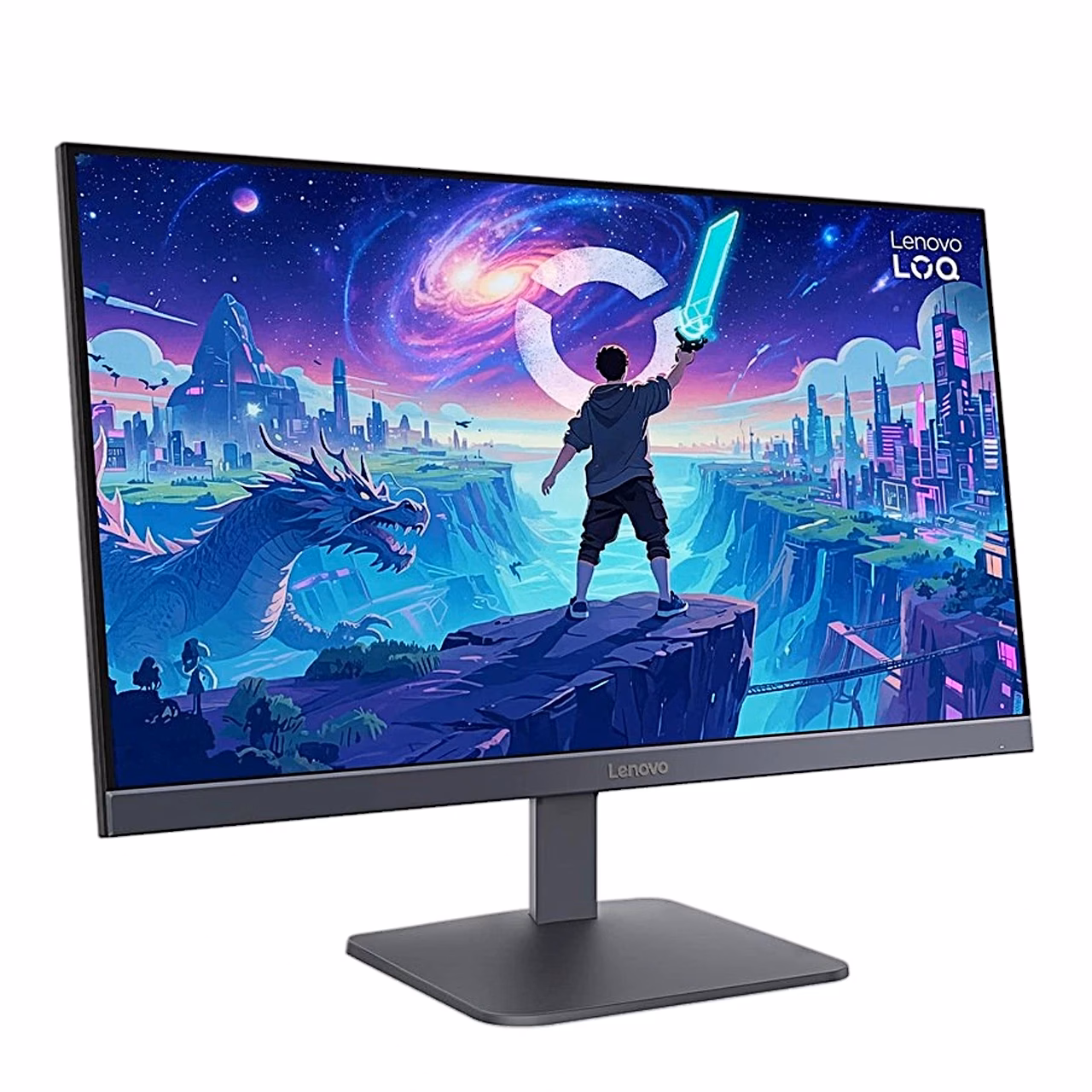 Lenovo LOQ 24-10 monitor vasakult nurgast, ekraanil mängugraafika