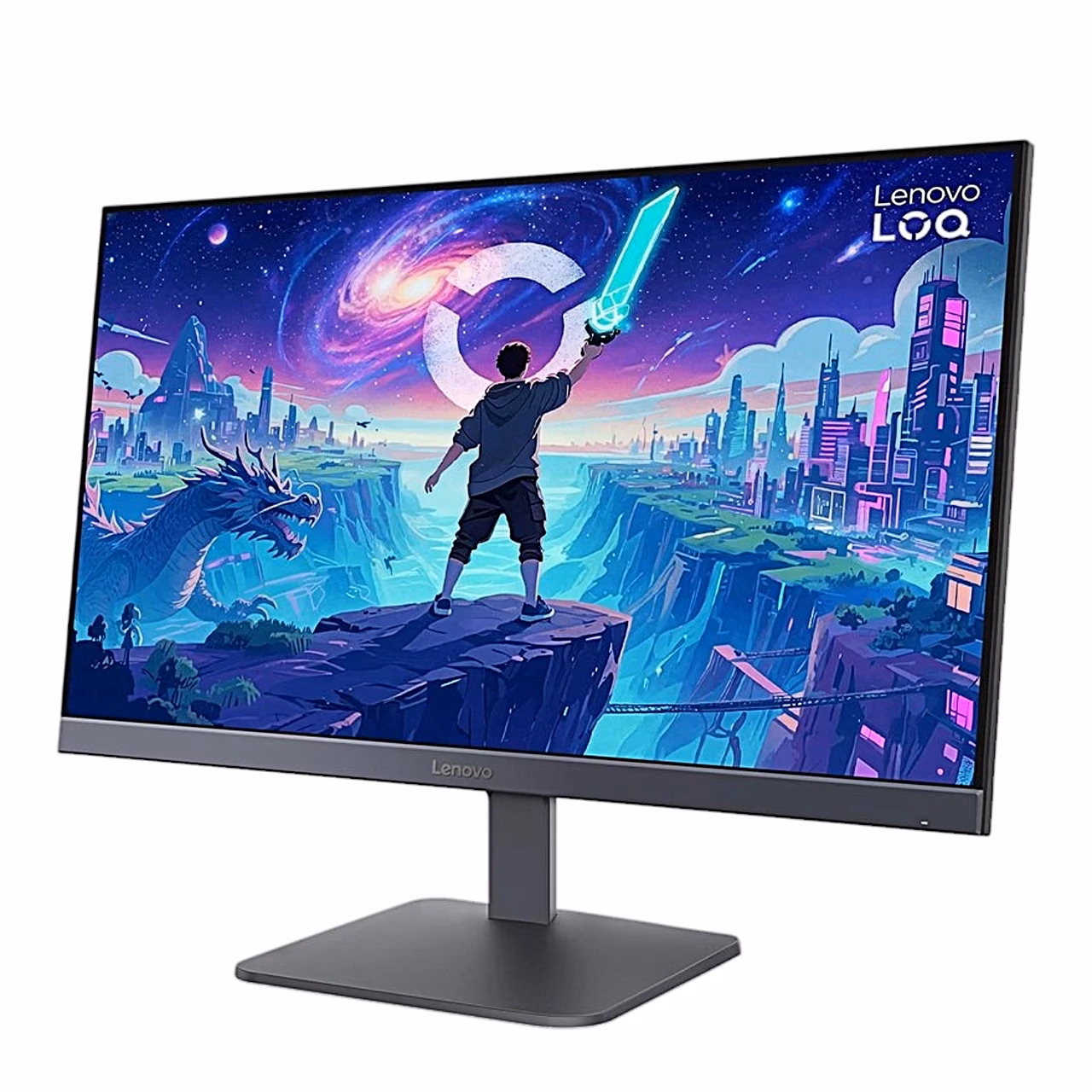 Lenovo LOQ 24-10 monitor paremalt nurgast koos jala ja alusega