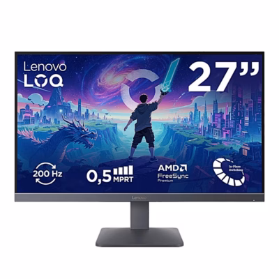 Mängurimonitor Lenovo LOQ 27-10 eestvaates, ekraanil 200 Hz ja FreeSync Premiumi tähised