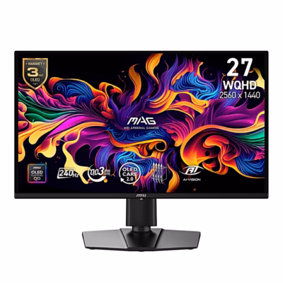 MSI MAG 274QP QD-OLED X24 kuvar eestvaates, ekraanil WQHD ja OLED Care märgised