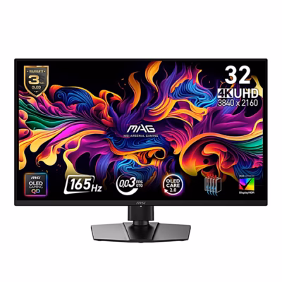 MSI MAG 322UP QD-OLED E16 kuvar eestvaates, ekraanil 4K UHD ja 165 Hz märgised