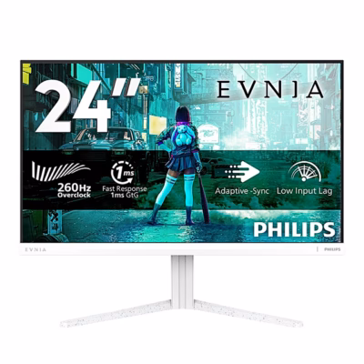 Valge mängurimonitor Philips Evnia 24M2N3201PL eestvaates tehniliste ikoonidega