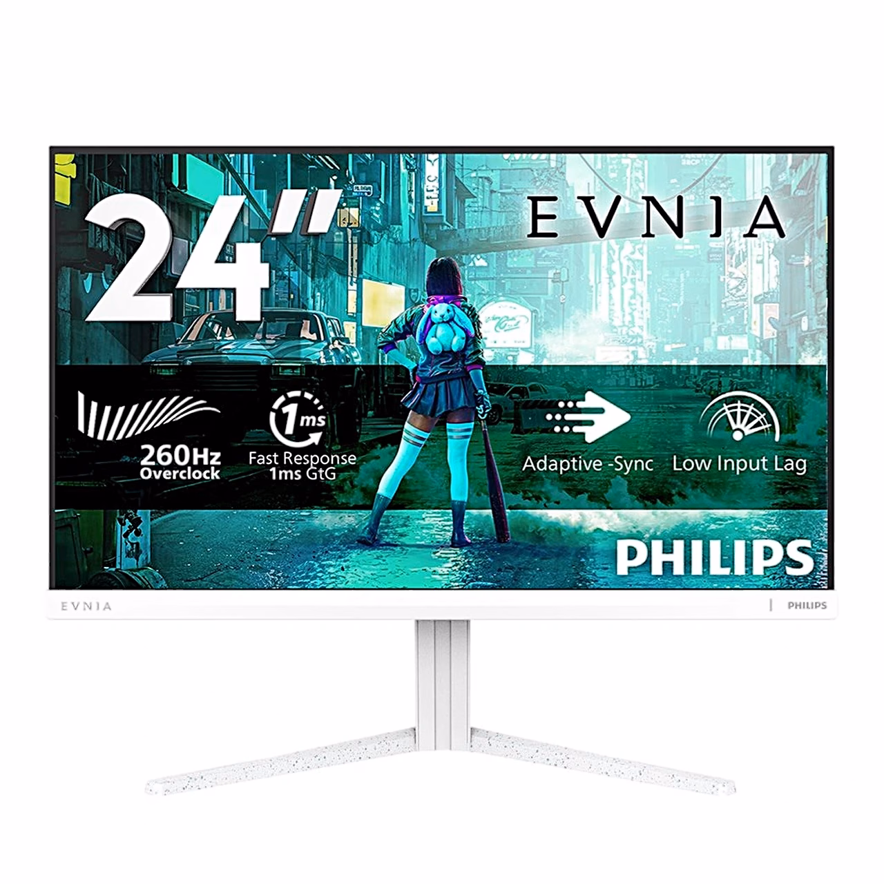 Valge mängurimonitor Philips Evnia 24M2N3201PL eestvaates tehniliste ikoonidega
