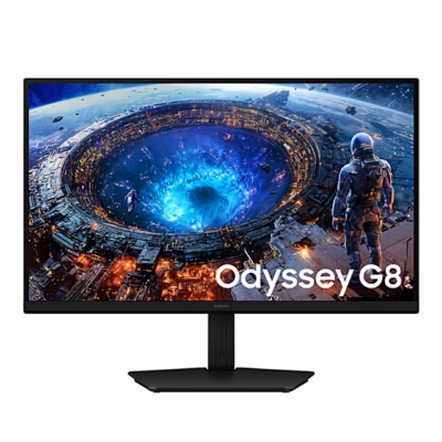 Mängurimonitor Samsung Odyssey G8 eestvaates, ekraanil Odyssey G8 logo