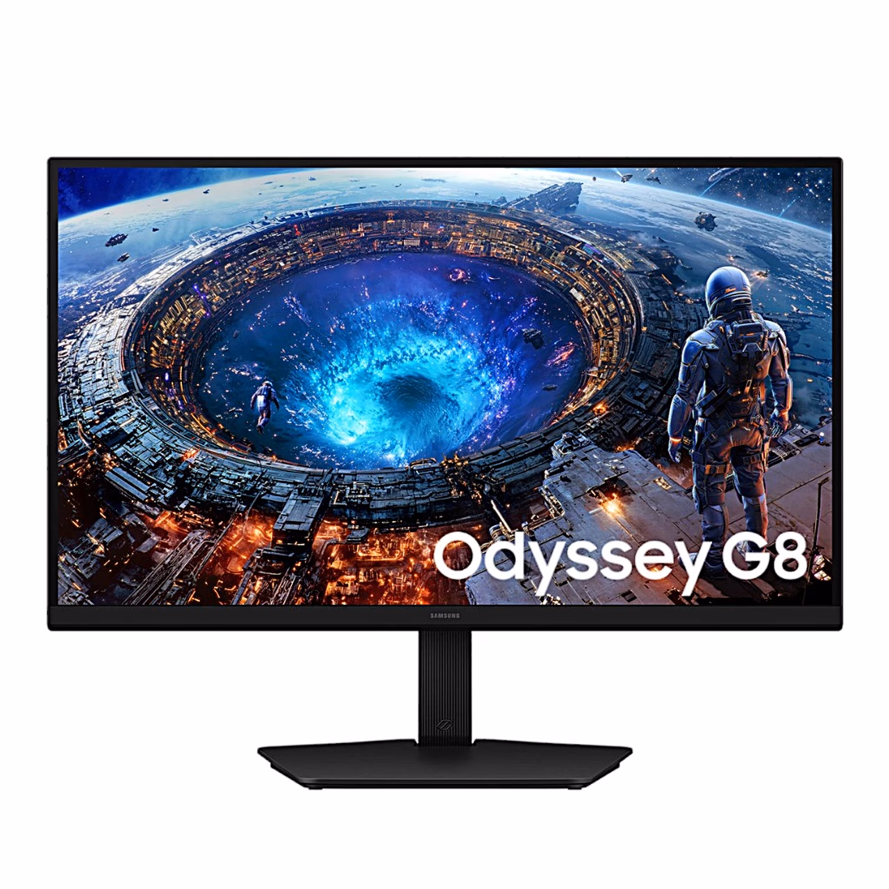 Mängurimonitor Samsung Odyssey G8 eestvaates, ekraanil Odyssey G8 logo