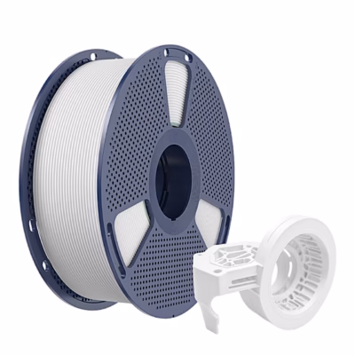 Valge SUNLU PETG High-Speed Matte filament hallil rullil ja prinditud valge detail