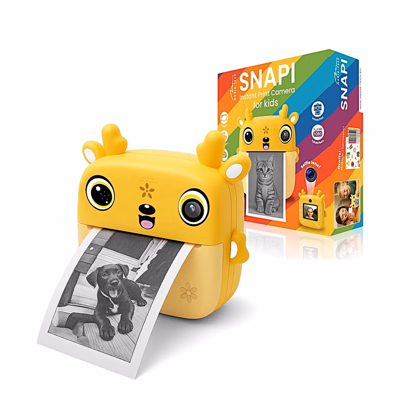 Media-Tech SNAPI MT4108 8MP kollane laste digitaalne kaamera termo printeriga, 2.4" LCD-ekraan, microSD tugi, 110 × 45 × 99 mm, 1000 mAh aku