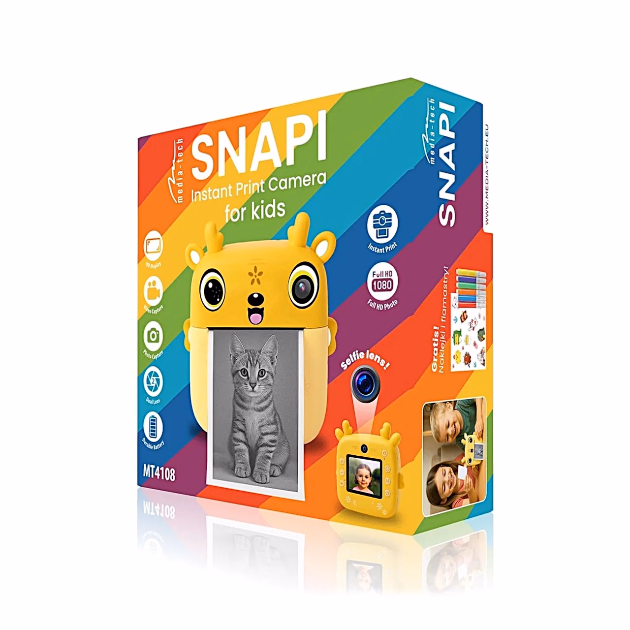 Media-Tech SNAPI MT4108 8MP kollane laste digitaalne kaamera termo printeriga, 2.4" LCD-ekraan, microSD tugi, 110 × 45 × 99 mm, 1000 mAh aku