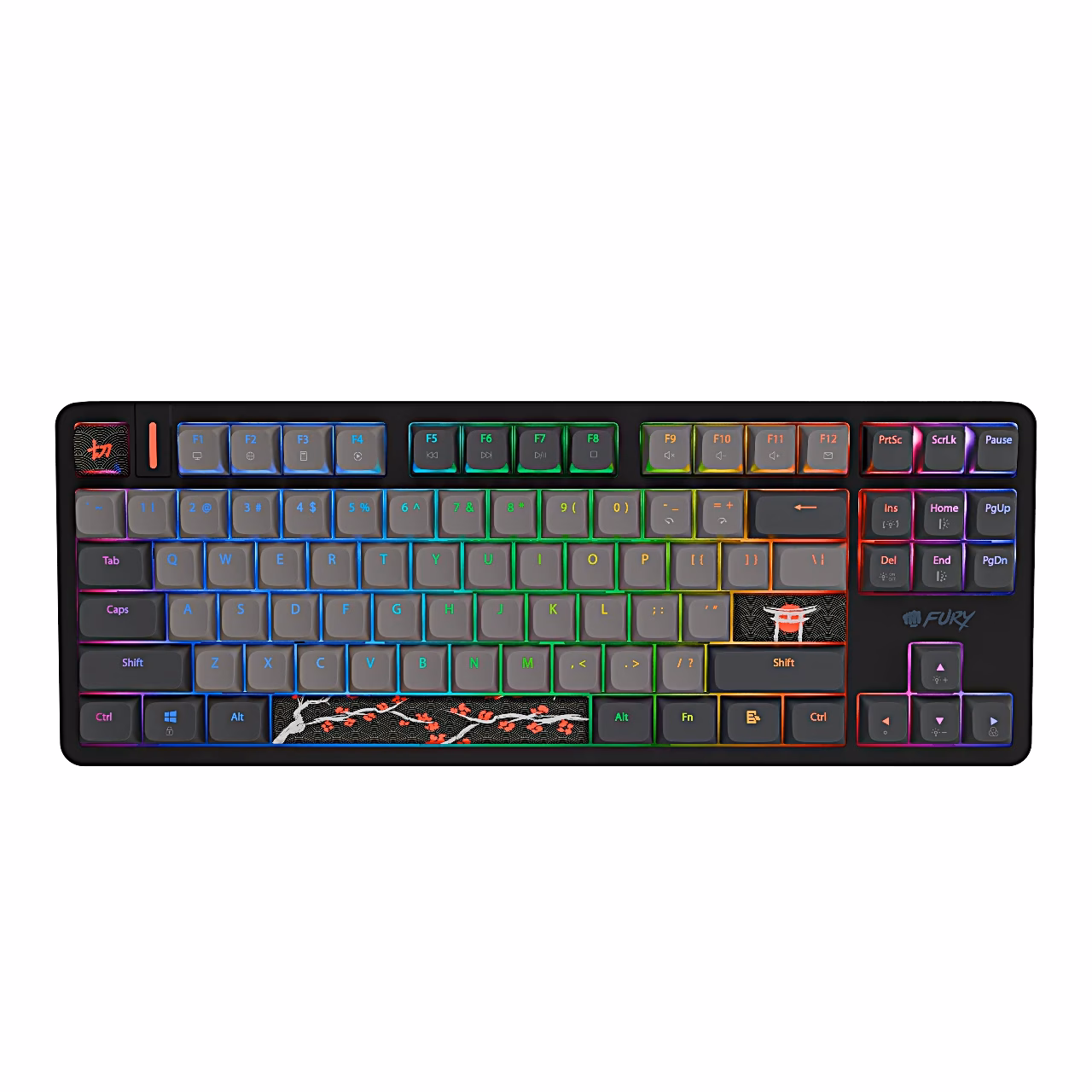 Fury Kanabo K6 mänguriklaviatuur ülaltvaates, mitmevärviline RGB-taustvalgus põleb