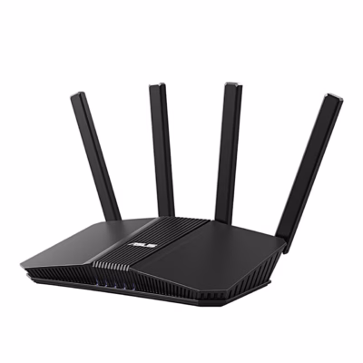 Must WiFi-ruuter ASUS RT-BE58U nelja välise antenniga, vaade eest vasakult