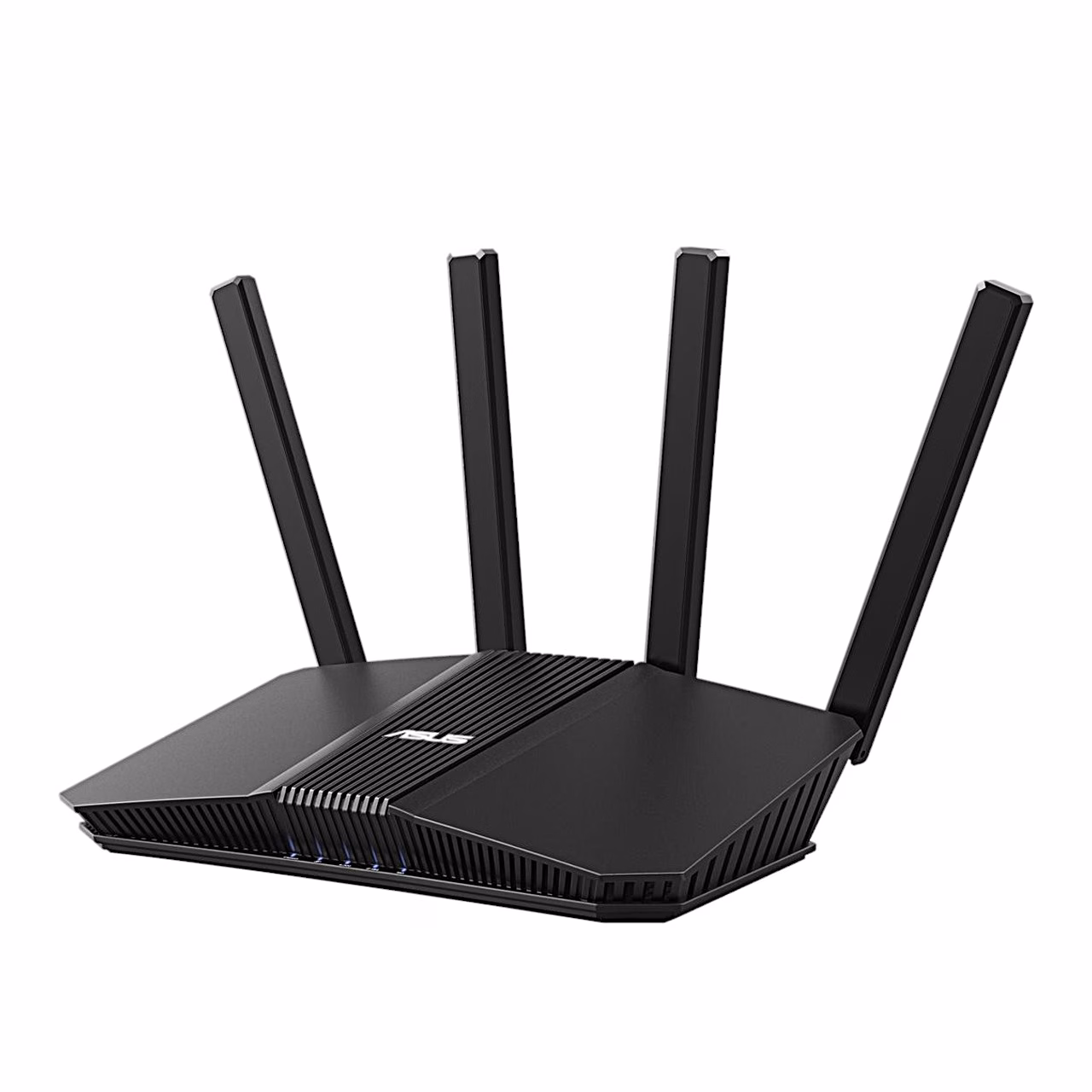 Must WiFi-ruuter ASUS RT-BE58U nelja välise antenniga, vaade eest vasakult