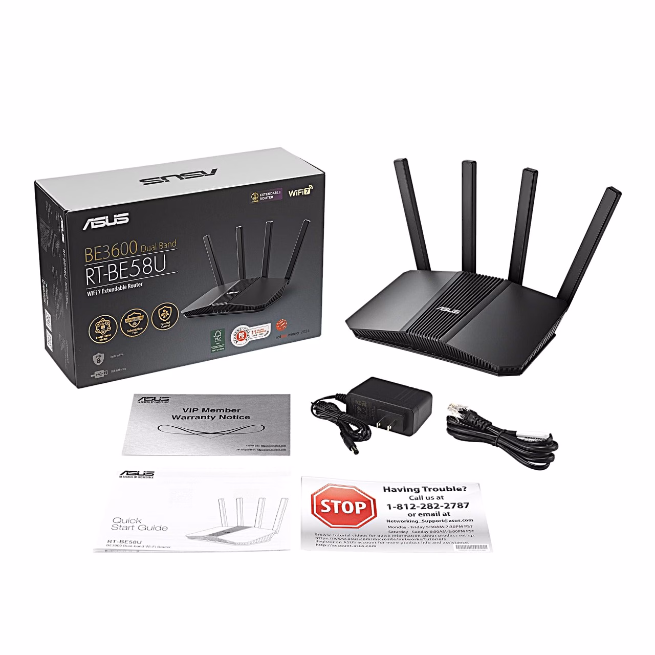 ASUS RT-BE58U karp, ruuter, toiteadapter, Etherneti-kaabel ja kiirjuhend