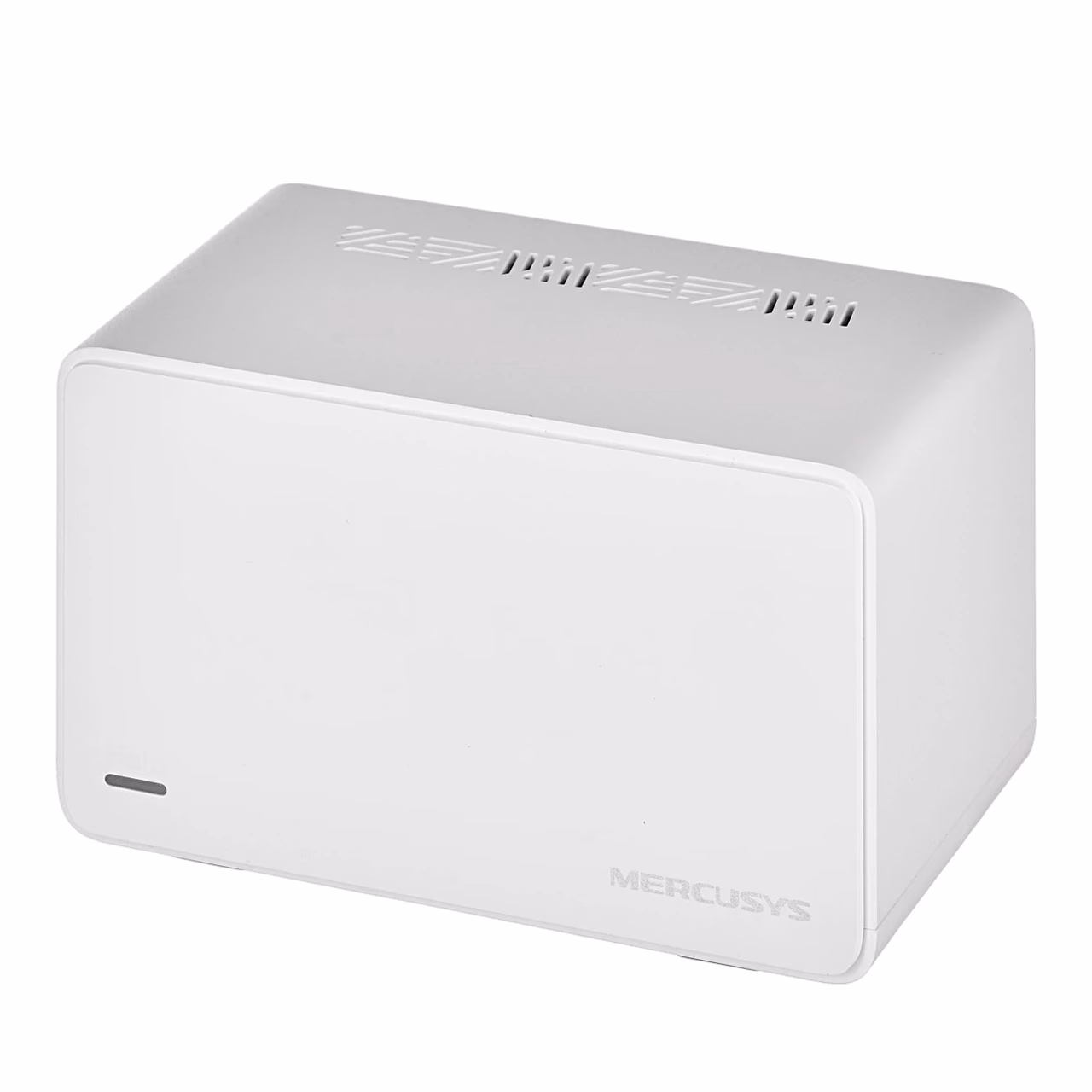 Valge Mercusys Halo H80X seade nurga alt, ülaosas ventilatsiooniavad