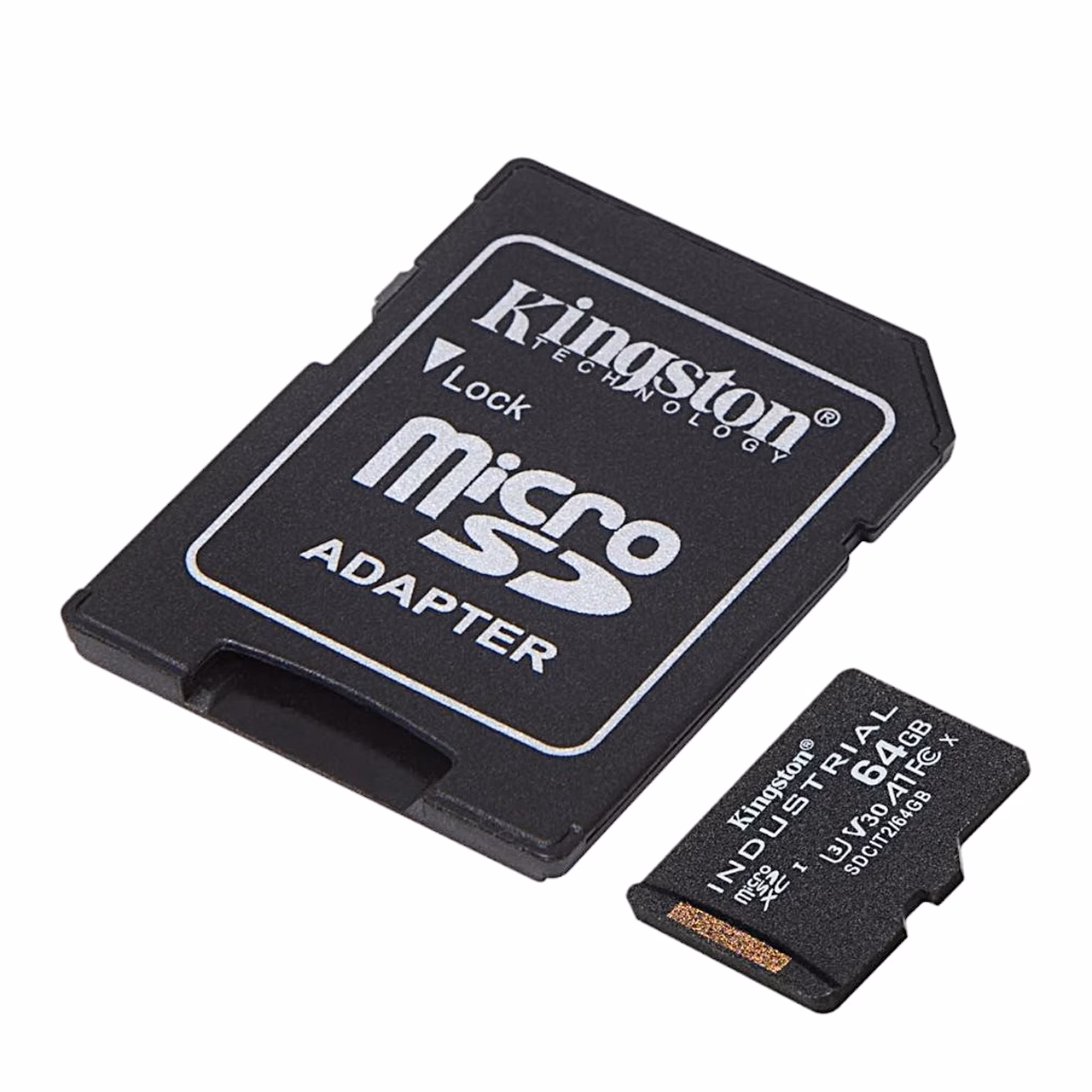 Kingston Industrial microSDXC mälukaart ja SD-adapter nurga alt vaadatuna