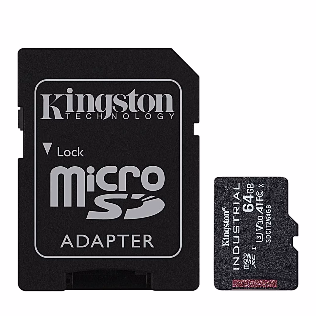 Kingston Industrial 64 GB microSDXC mälukaart koos musta SD-adapteriga eestvaates