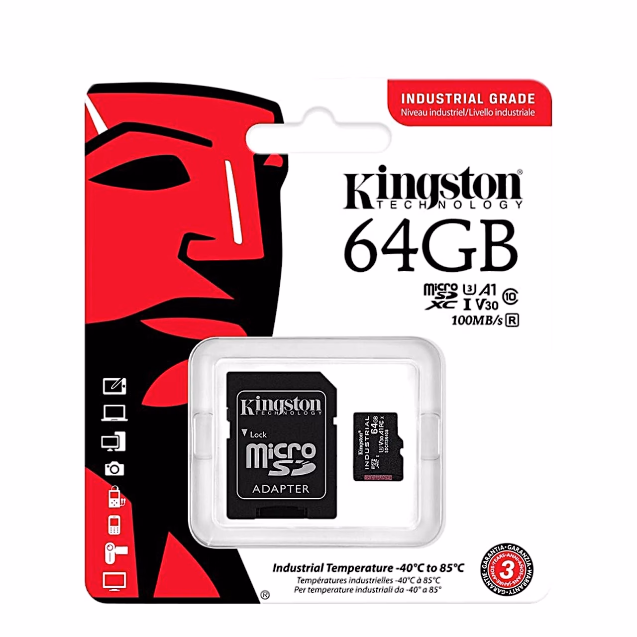 Kingston Industrial 64 GB mälukaardi pakend, milles on kaart ja SD-adapter