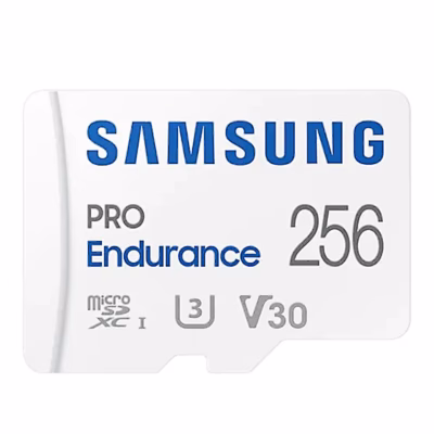 Samsung PRO Endurance 256 GB microSDXC mälukaardi esikülg valgel taustal