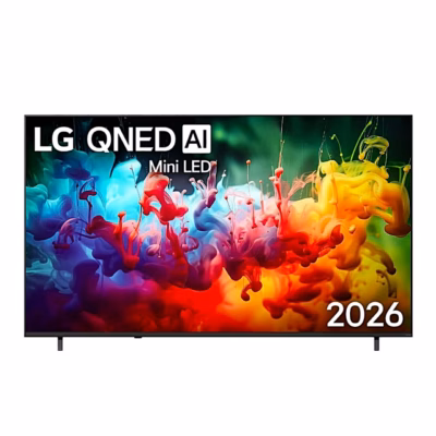 LG 43QNED70B3C Mini LED teler eestvaates värvilise abstraktse pildiga