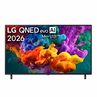 Mini LED teler LG 55QNED85B3B eestvaates kahel jalal, ekraanil värviline pilt
