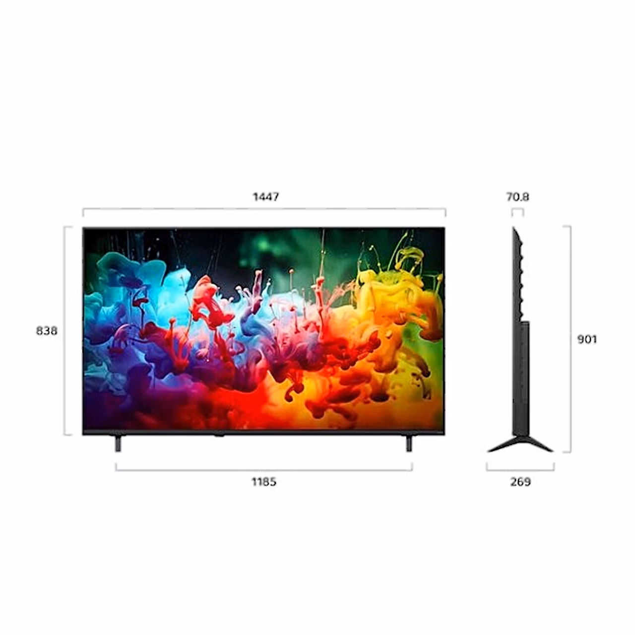 Mini LED teleri LG 65QNED70B3C mõõtjoonis eest ja küljelt
