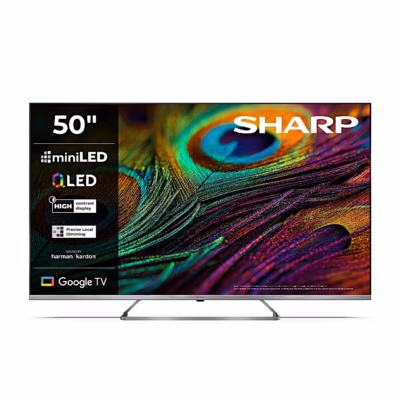 Sharp 50JP7265E Smart TV eestvaates, ekraanil miniLED, QLED ja Google TV märgised
