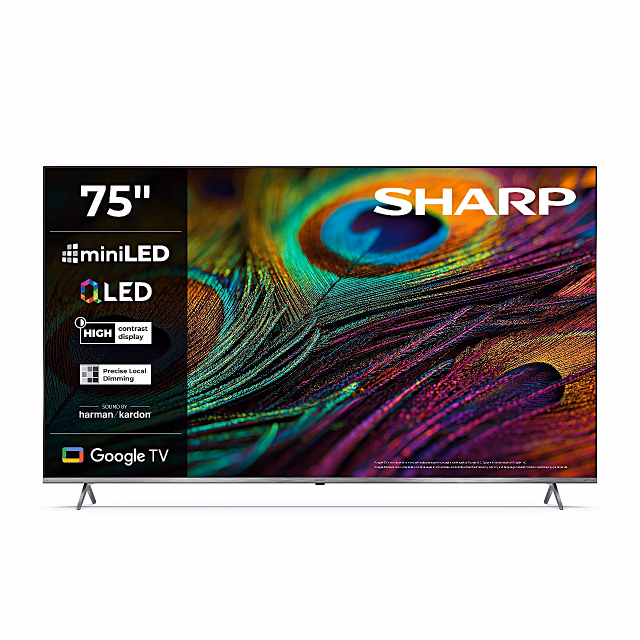 Sharp 75JP7265E Smart TV eestvaates, ekraanil miniLED, QLED ja Google TV märgised