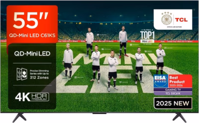 TCL 55C61KS Mini LED teleri esivaade jalgadel jalgpallistaadioni kujutisega