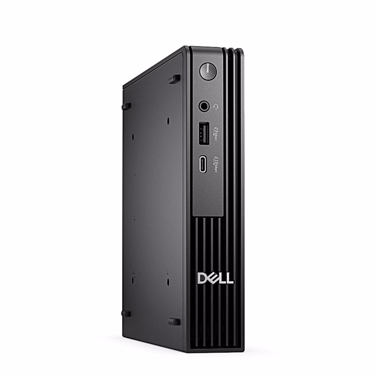 Must miniarvuti Dell Pro Micro QCM1250 vasakult küljelt ja eest