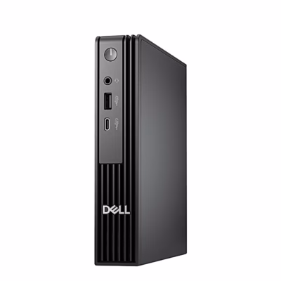 Must miniarvuti Dell Pro Micro QCM1255 püstiasendis, esikülg ja külg