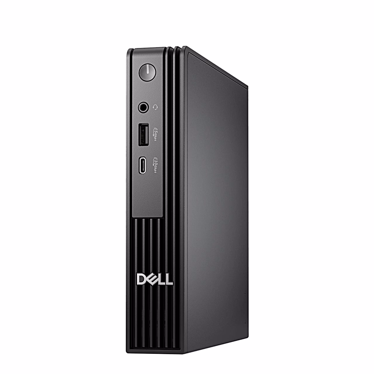 Must miniarvuti Dell Pro Micro QCM1255 püstiasendis, esikülg ja külg