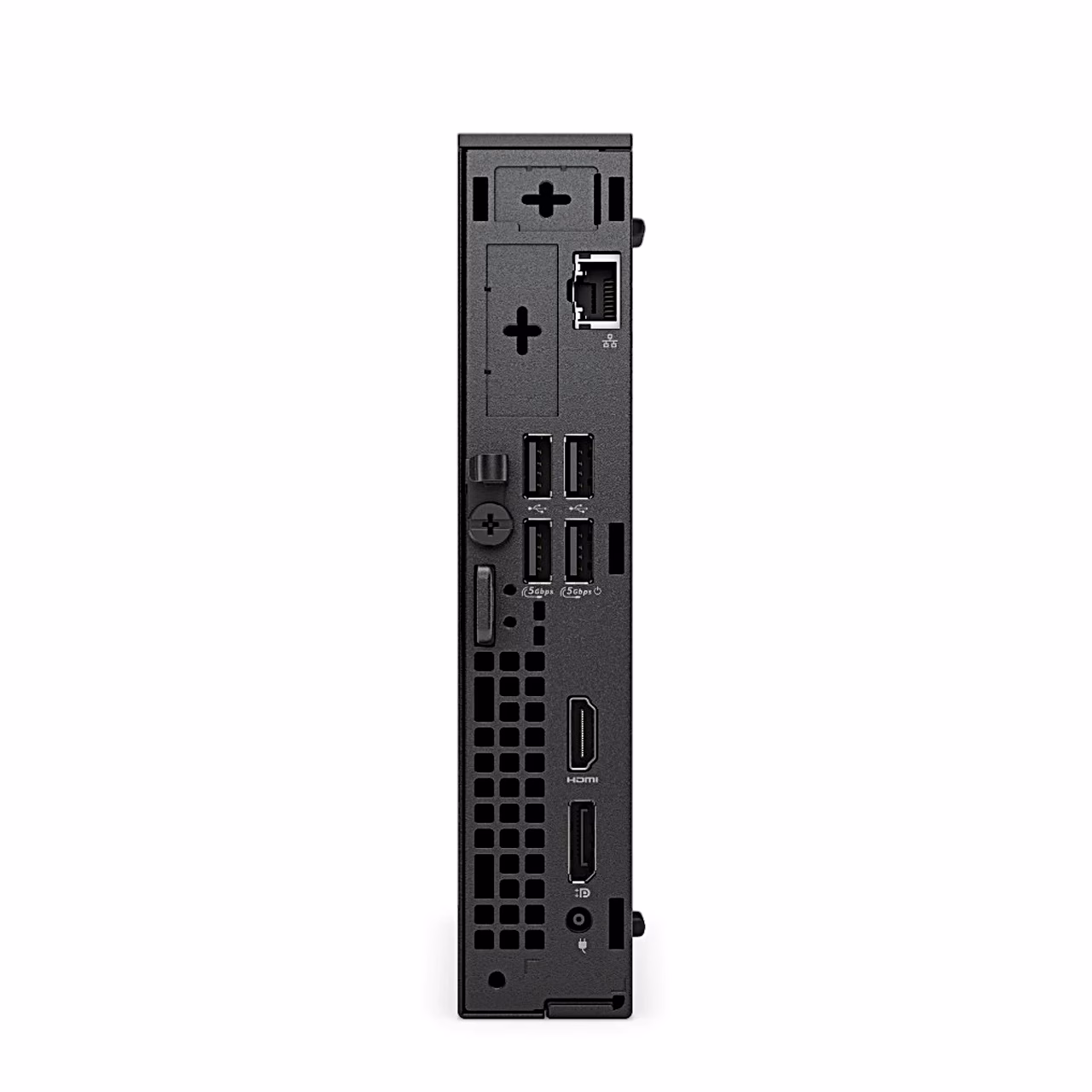 Dell Pro QCM1250 miniarvuti tagakülg USB-, HDMI-, DisplayPorti- ja Ethernet-pordiga