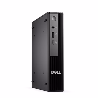 Must miniarvuti Dell Pro QCM1250 püstiasendis, esipaneelil USB-A, USB-C ja helipesa