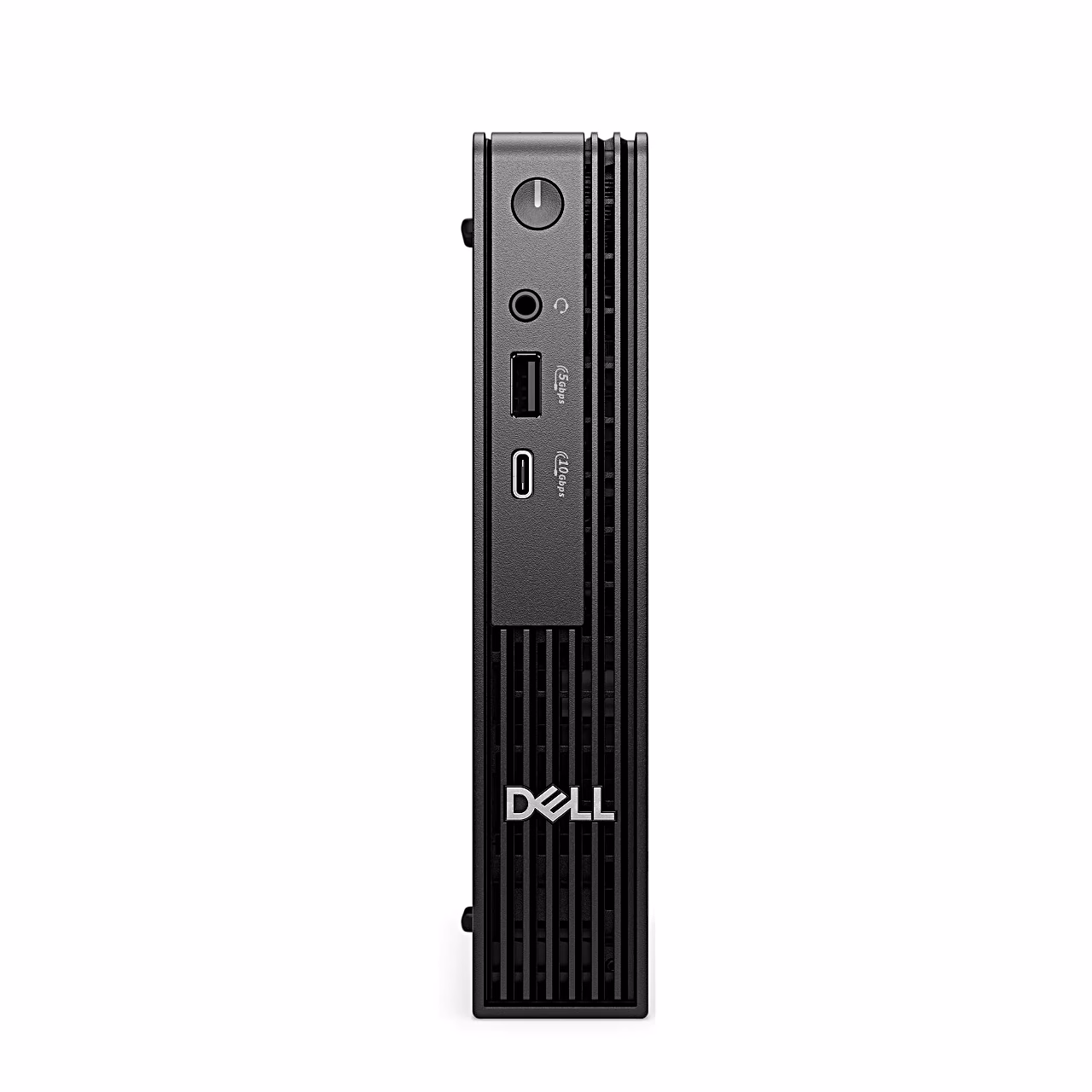 Kitsas esikülg Dell Pro QCM1250 miniarvutil toitenupu ja pesadega