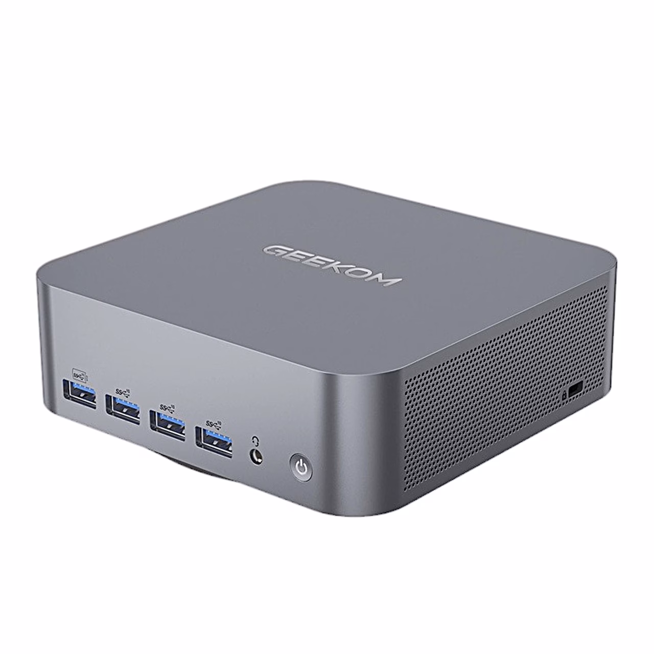 GEEKOM GT1 Mega miniarvuti eest, neli USB-A-porti, helipesa ja toitenupp