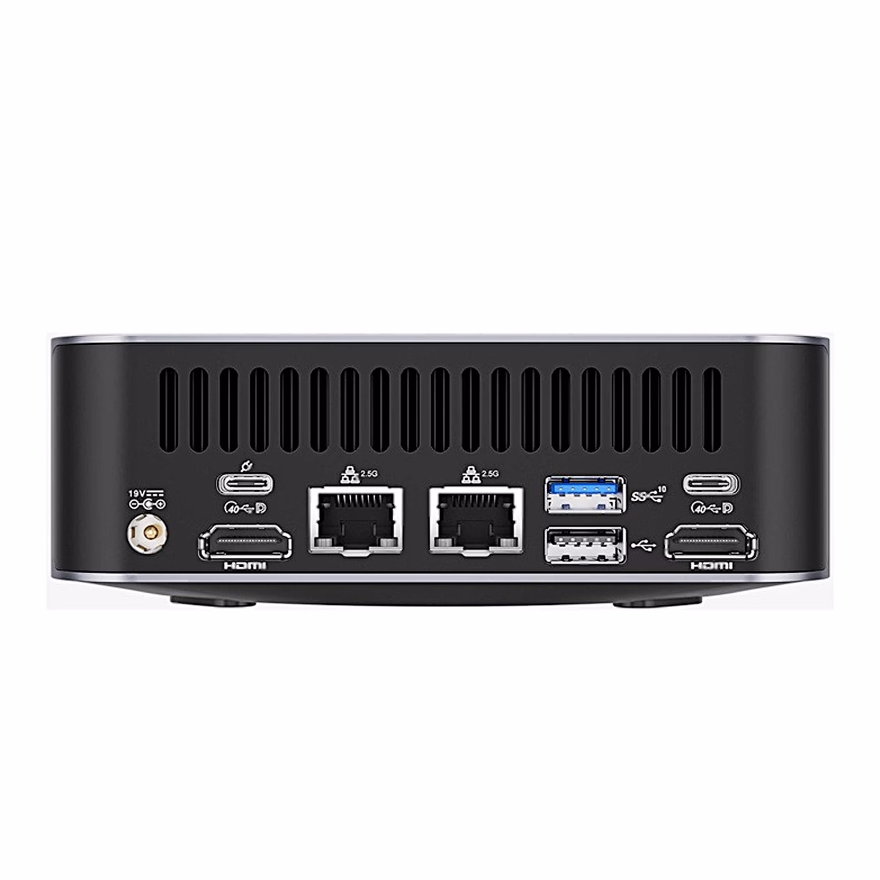 GEEKOM GT1 Mega tagapaneel toitepesa, kahe HDMI-, kahe LAN- ja USB-C-pordiga