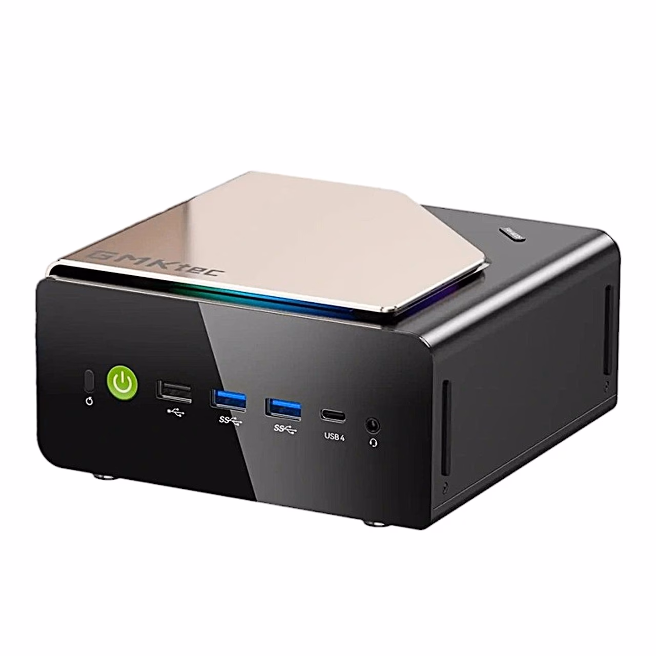 Miniarvuti GMKtec EVO-T2S esikülg toitenupu, USB-portide ja pronksika kaanega