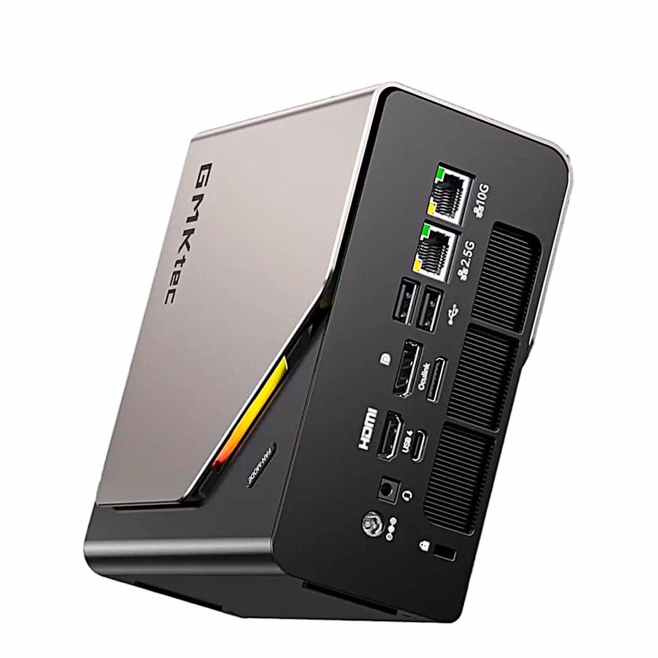 GMKtec EVO-T2S tagapaneel võrguportide, HDMI, OCuLinki ja USB-portidega nurga alt