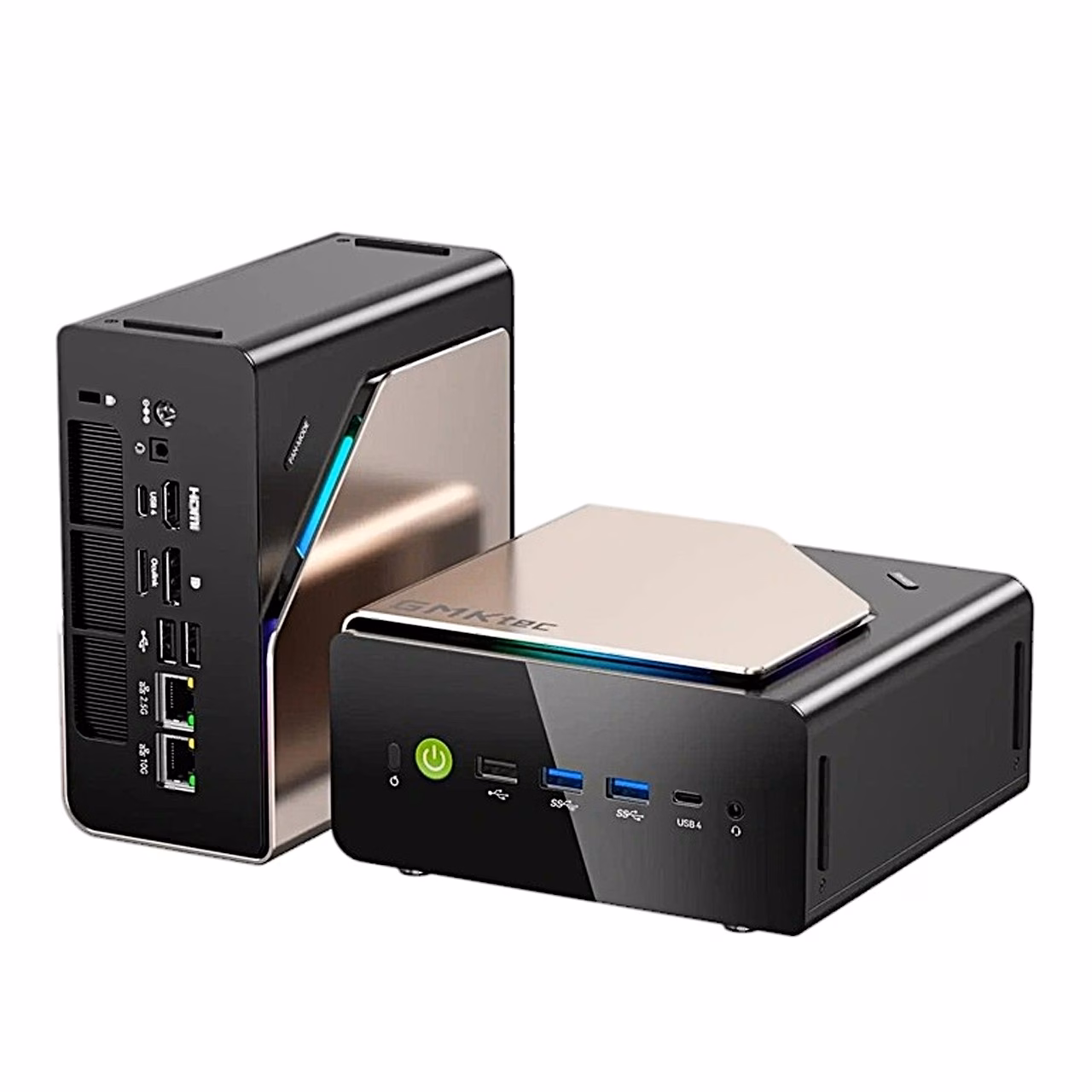 Kaks mini-PC GMKtec EVO-T2S korpust, üks püsti tagapaneeliga ja teine esiküljega