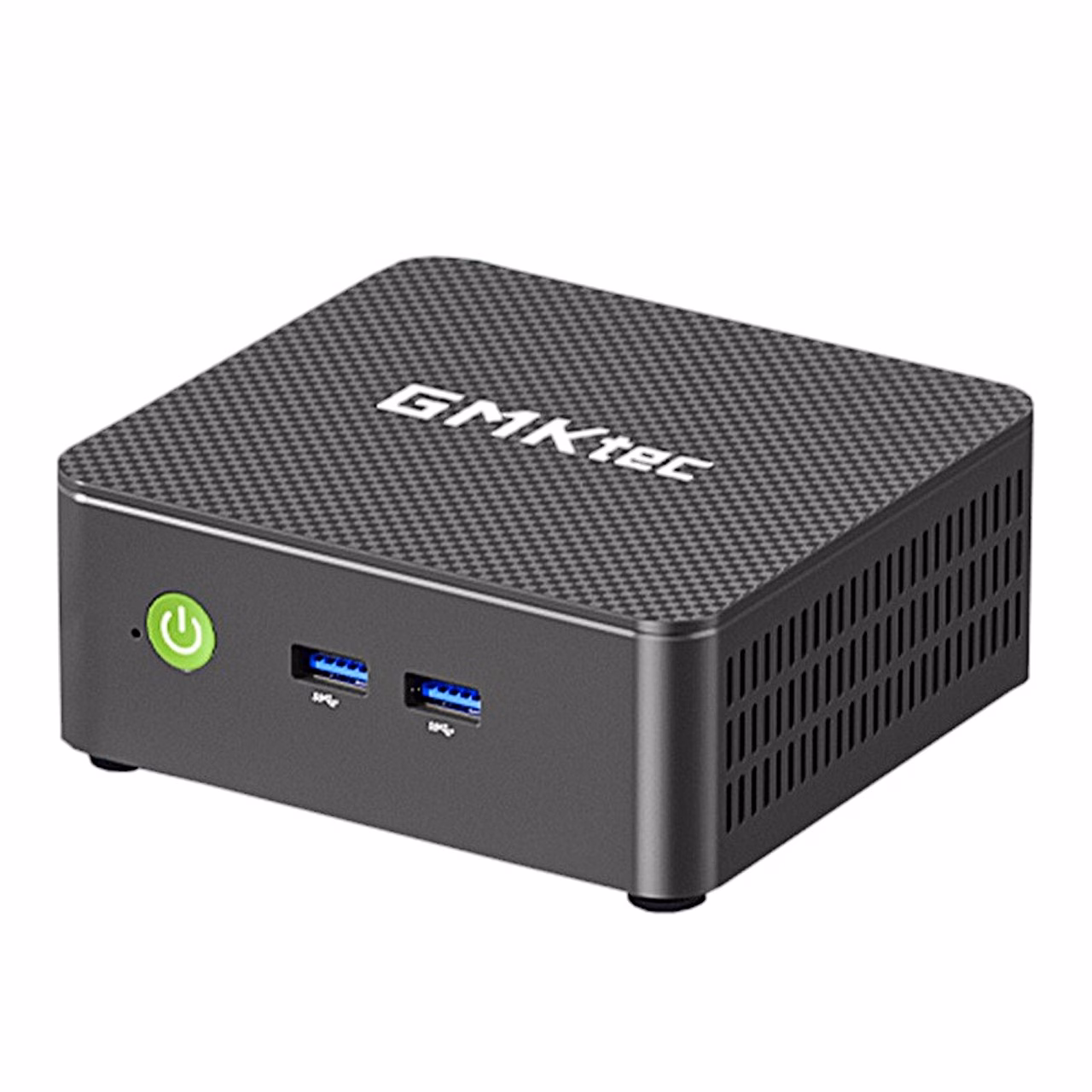 GMKtec G3S miniarvuti nurga alt, esiküljel toitenupp ja kaks USB-porti