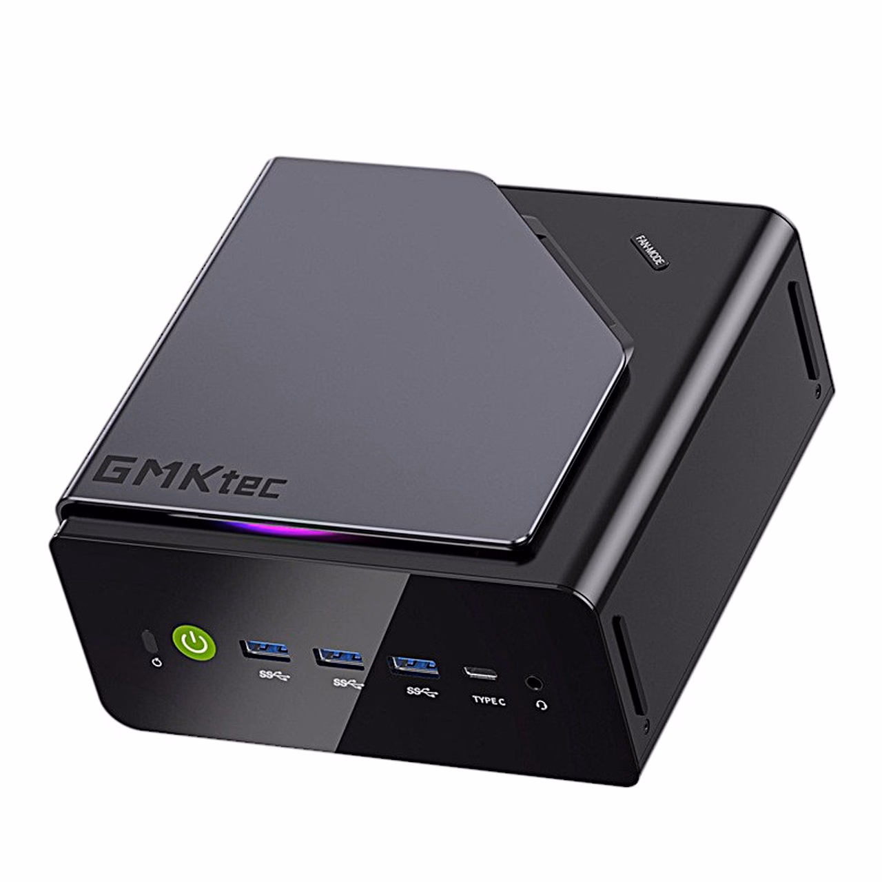 Miniarvuti GMKtec K15 eest nurga alt, hall kaas ja esipaneeli USB-pordid