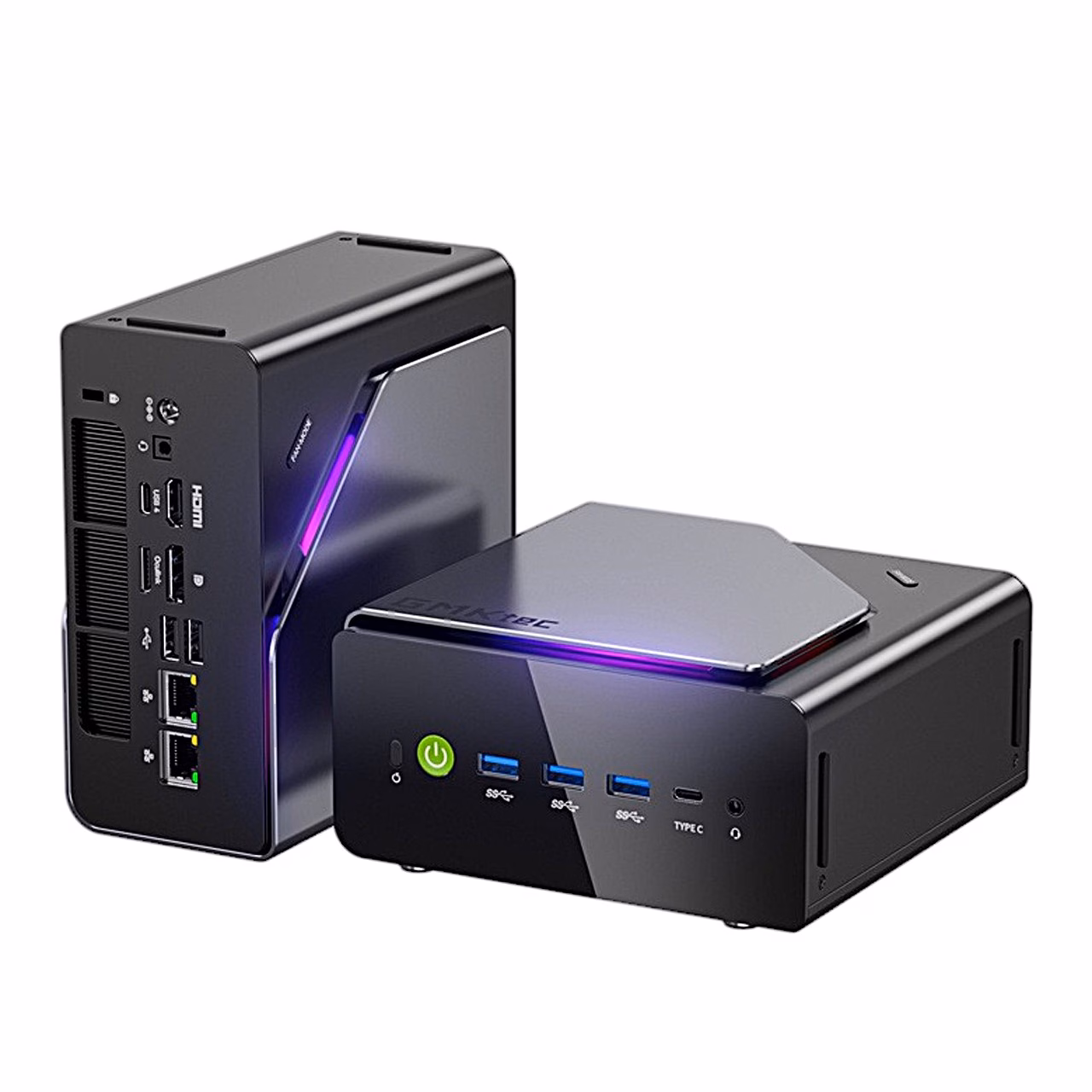 GMKtec K15 miniarvuti esi- ja tagapaneel, taga kaks RJ45-porti ja HDMI