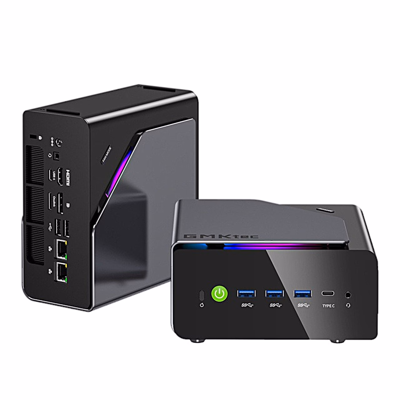 GMKtec K15 tagapaneel kahe RJ45-pordiga ja miniarvuti esikülg toitenupuga