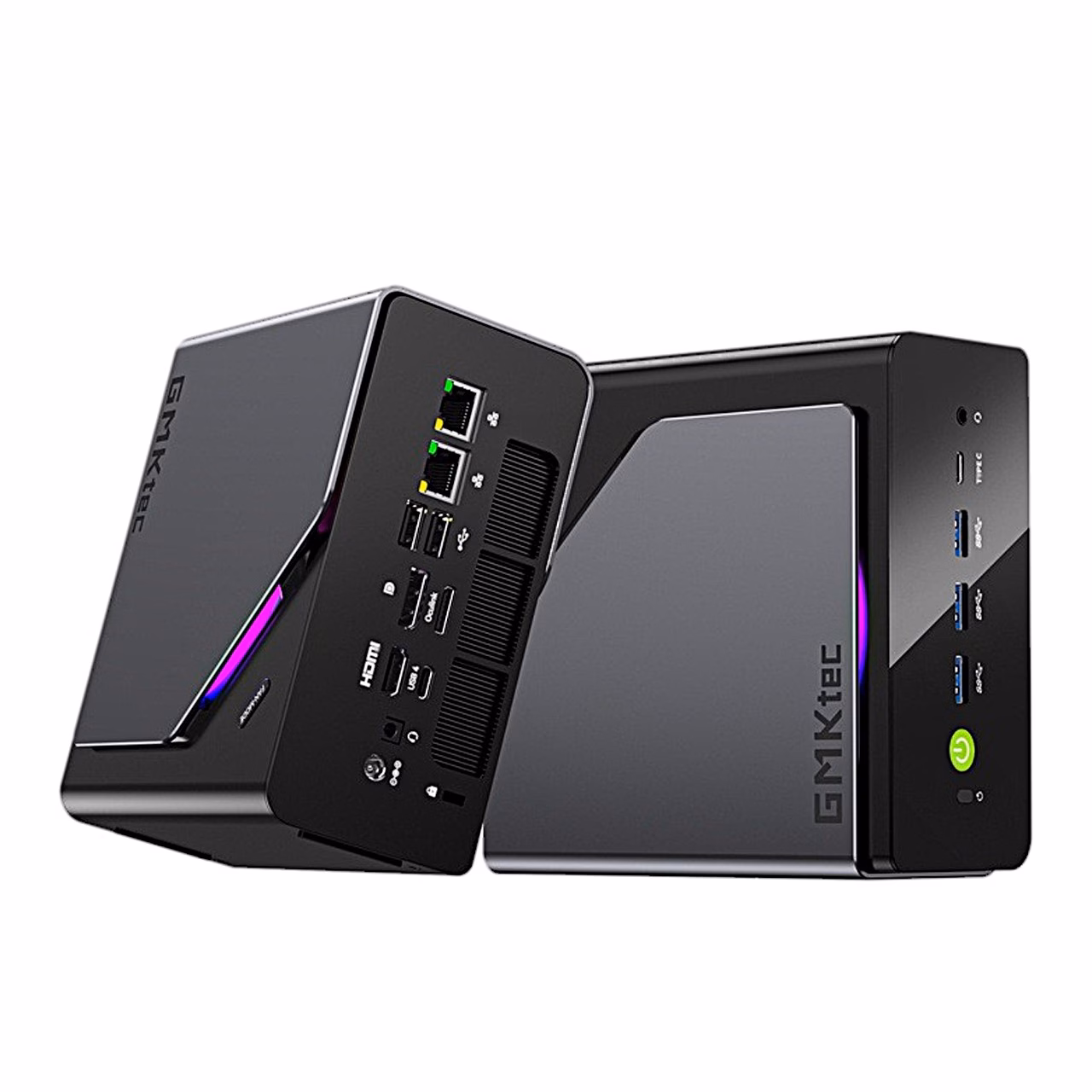 Miniarvuti GMKtec K15 tagapaneel nurga alt ja teise seadme esipaneel USB-portidega