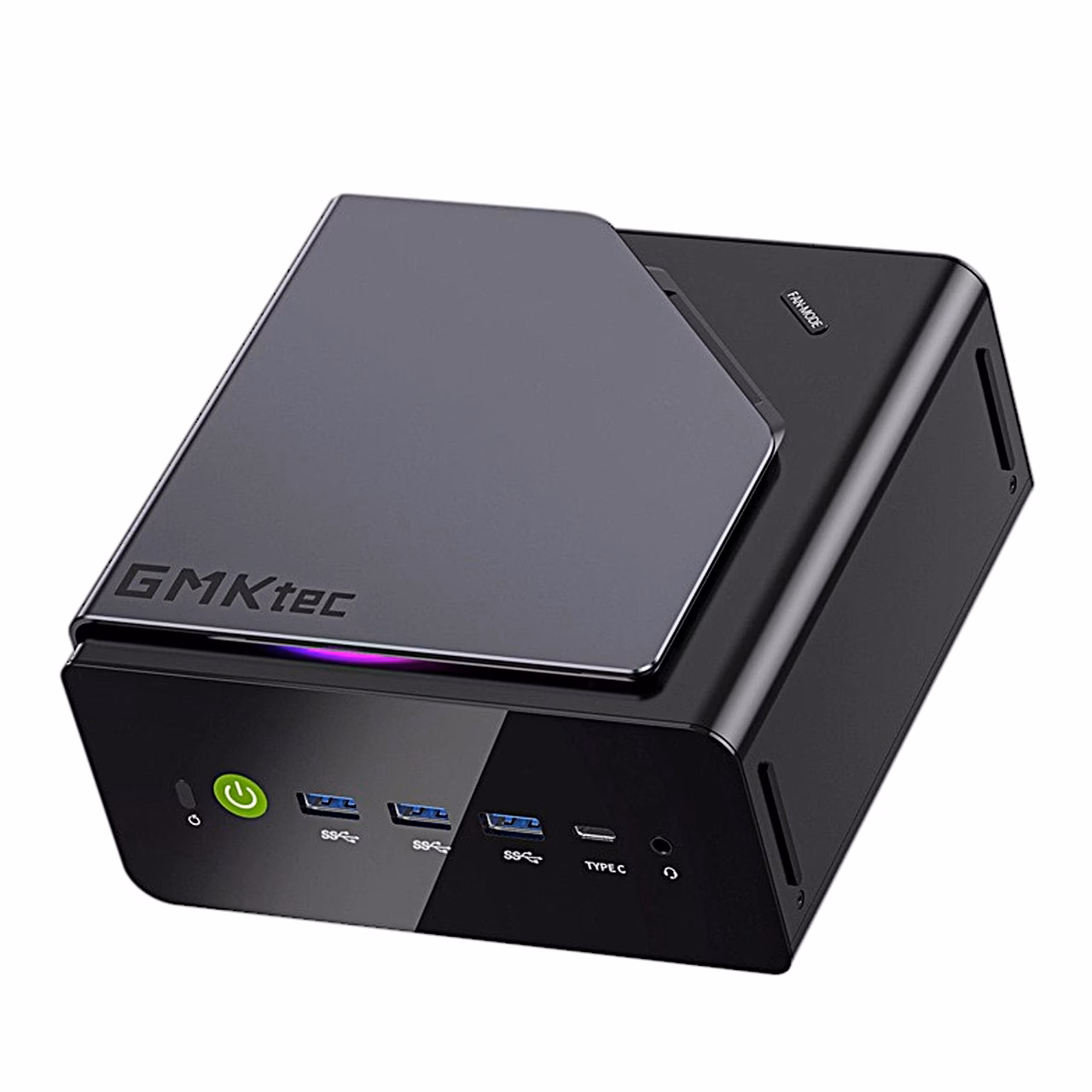 Miniarvuti GMKtec K15 eestvaates toitenupu ja kolme USB-pordiga