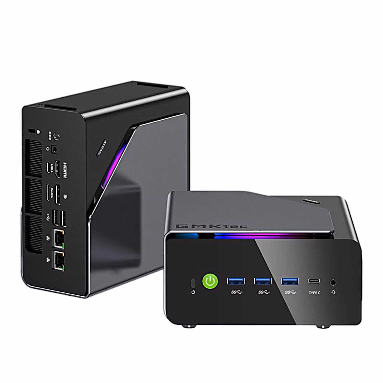 Miniarvuti GMKtec K15 tagapaneeli LAN-pordid ja esipaneeli USB-pordid